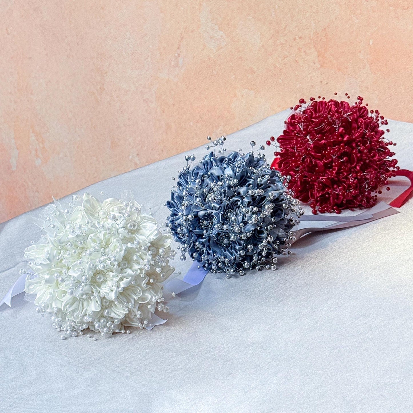 Silver Grey Pearl Ribbon Rose Bridesmaid Bouquet, Personalized Pearl Rose bouquet gift for her wedding Prom Bride shower, flower girl gift