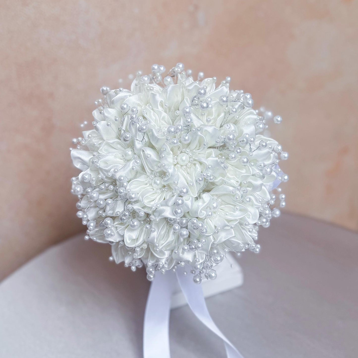 Fantastic Ivory Pearl Ribbon Rose Prom Bouquet, Personalized Pearl Rose bouquet gift for her wedding Bridal, Bride shower, flower girl gift