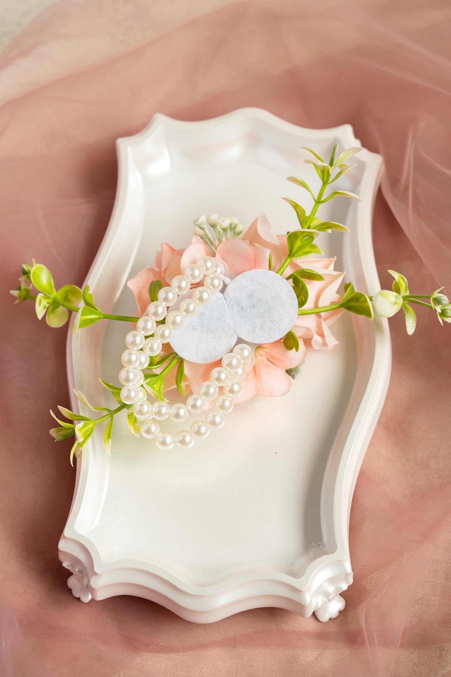 Peach Rose Wrist Corsage: Silk Wedding Accessories with Pearls, Prom Corsage, Bridal Shower Gift