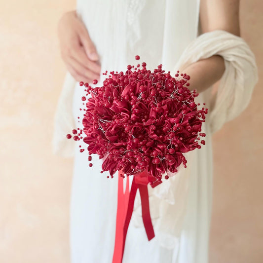 Elegant Red Pearl Ribbon Rose Prom Bouquet, Wedding rose Bouquet gift for her Bride shower, Bridesmaid, flower girl, Bridal Accessories
