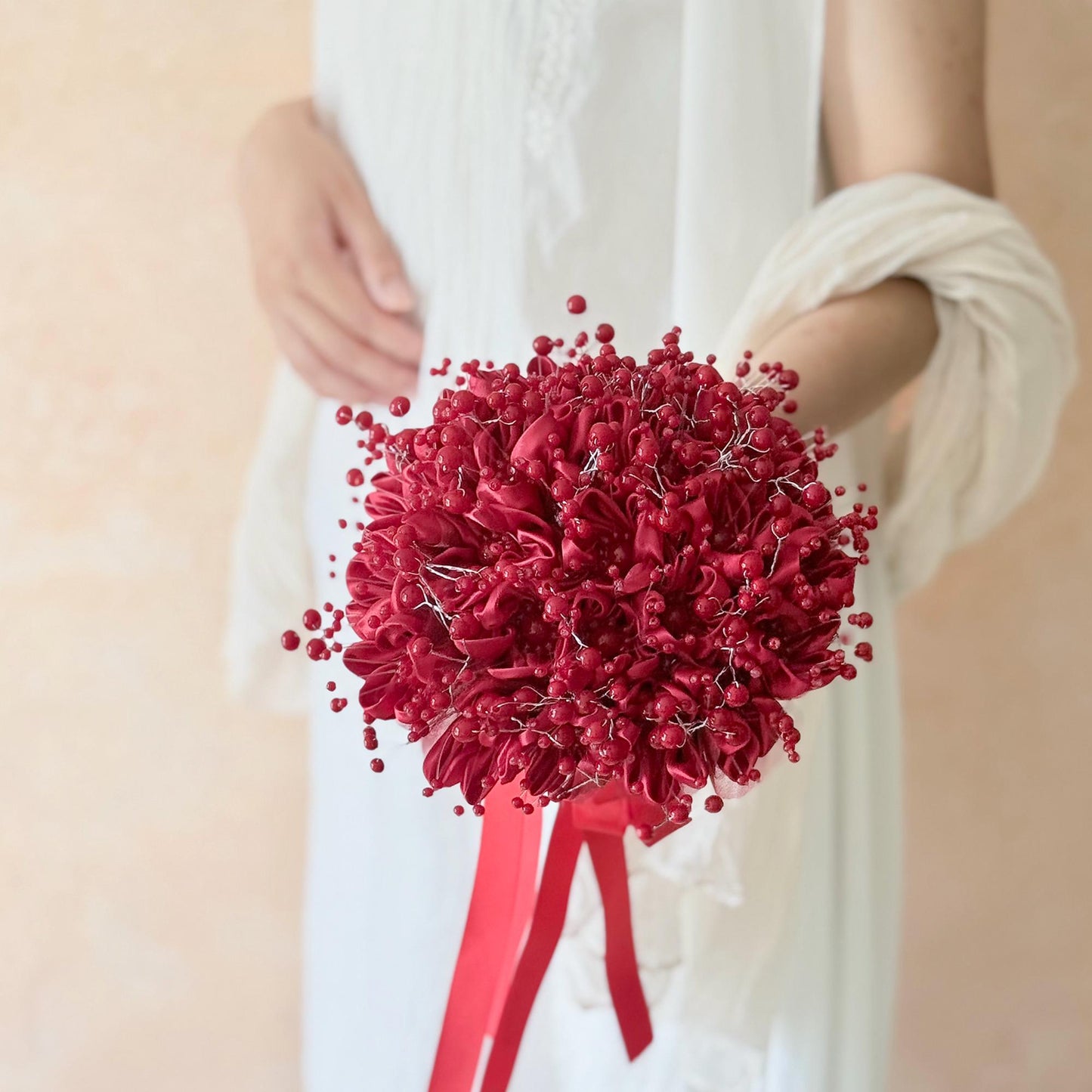 Elegant Red Pearl Ribbon Rose Prom Bouquet, Wedding rose Bouquet gift for her Bride shower, Bridesmaid, flower girl, Bridal Accessories