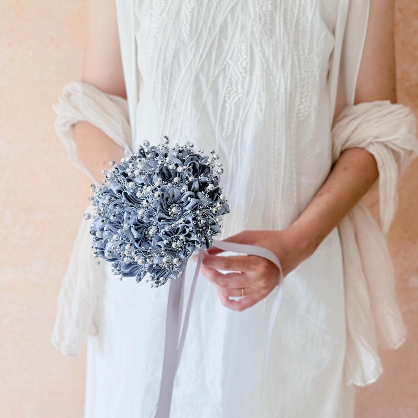 Silver Grey Pearl Ribbon Rose Bridesmaid Bouquet, Personalized Pearl Rose bouquet gift for her wedding Prom Bride shower, flower girl gift