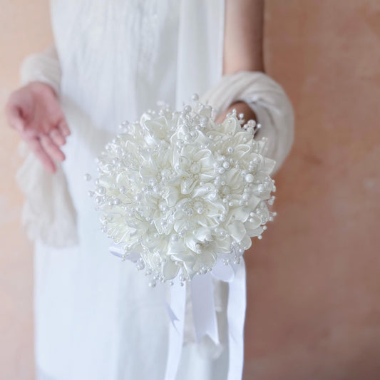 Fantastic Ivory Pearl Ribbon Rose Prom Bouquet, Personalized Pearl Rose bouquet gift for her wedding Bridal, Bride shower, flower girl gift