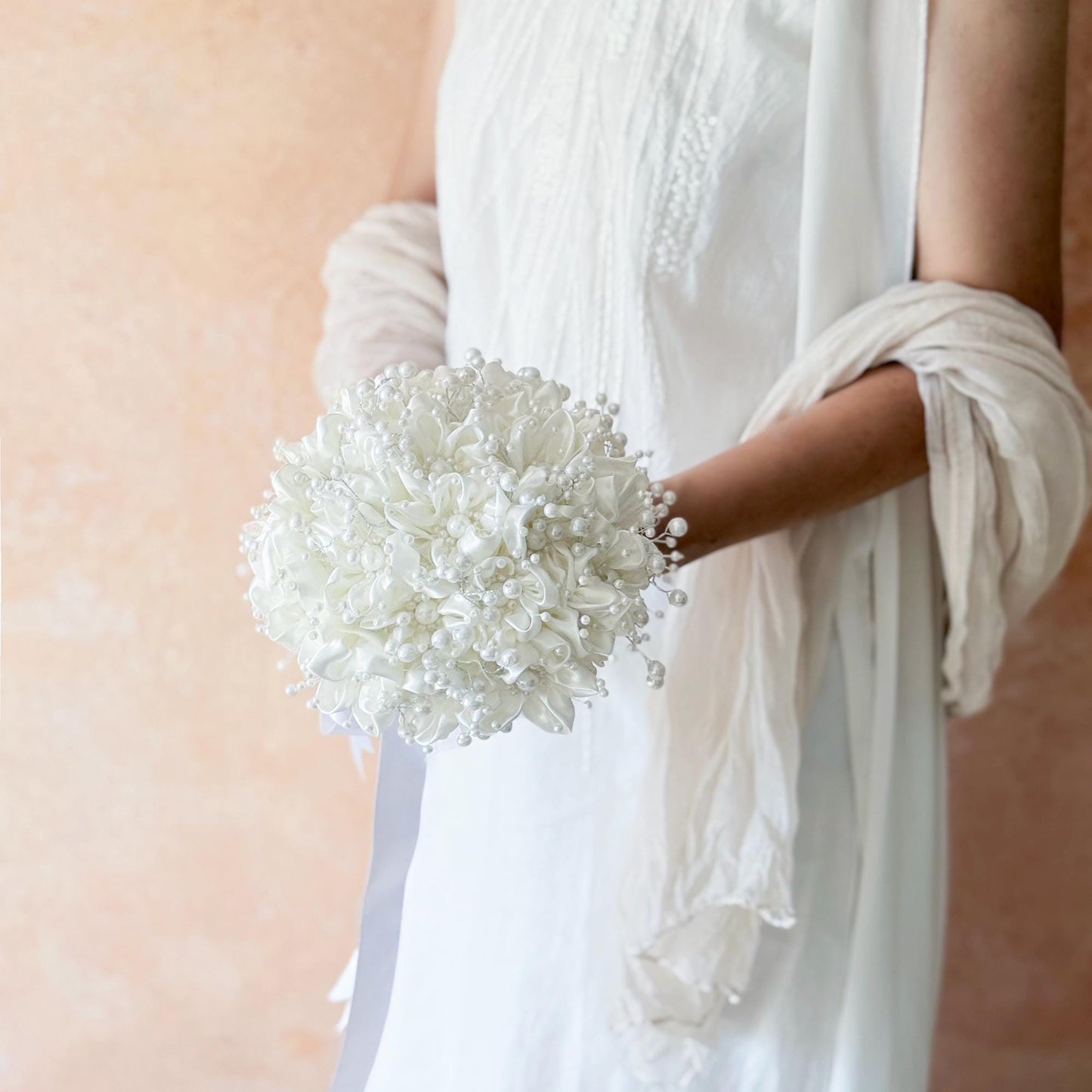 Fantastic Ivory Pearl Ribbon Rose Prom Bouquet, Personalized Pearl Rose bouquet gift for her wedding Bridal, Bride shower, flower girl gift