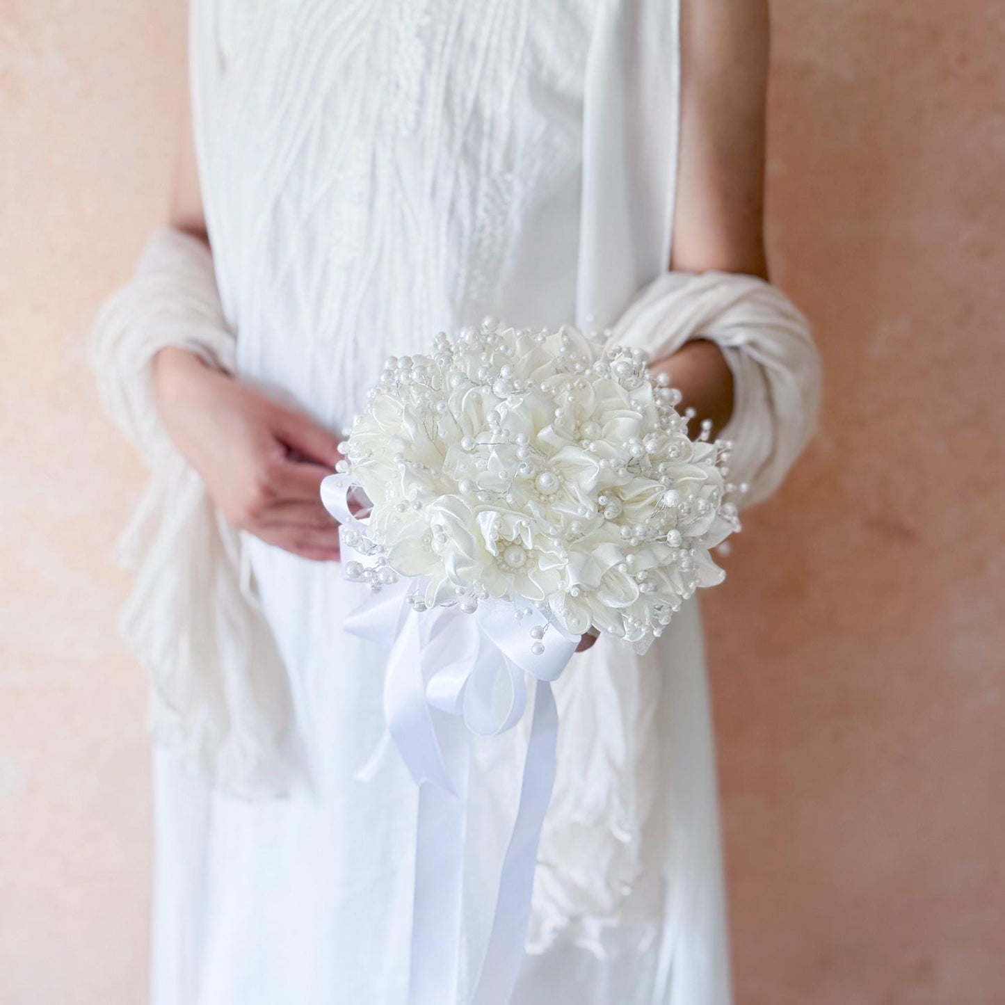 Fantastic Ivory Pearl Ribbon Rose Prom Bouquet, Personalized Pearl Rose bouquet gift for her wedding Bridal, Bride shower, flower girl gift