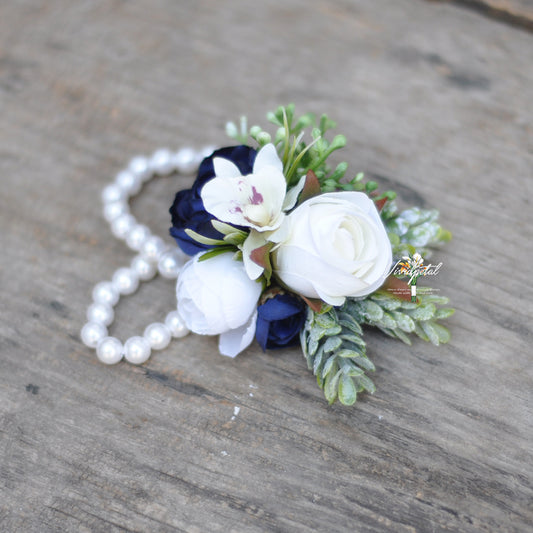 Wrist corsage/Navy rose lily corsage/mother corsage/bridesmaid corsage/flower girl corsage/wedding corsage/botanical pearl corsage/rustic corsage