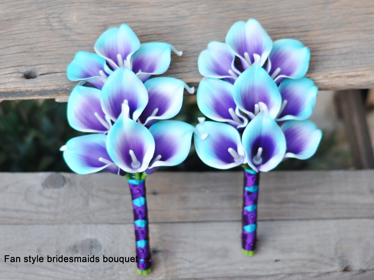 Real touch purple turquoise blue calla lily bouquet set ,bridal bouquet,bridesmaids bouquet ,corsage and boutonniere