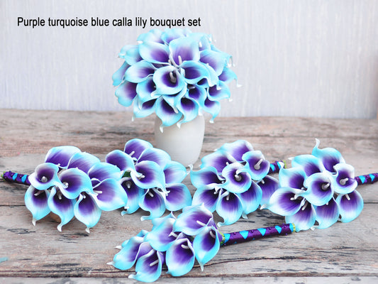 Real touch purple turquoise blue calla lily bouquet set ,bridal bouquet,bridesmaids bouquet ,corsage and boutonniere