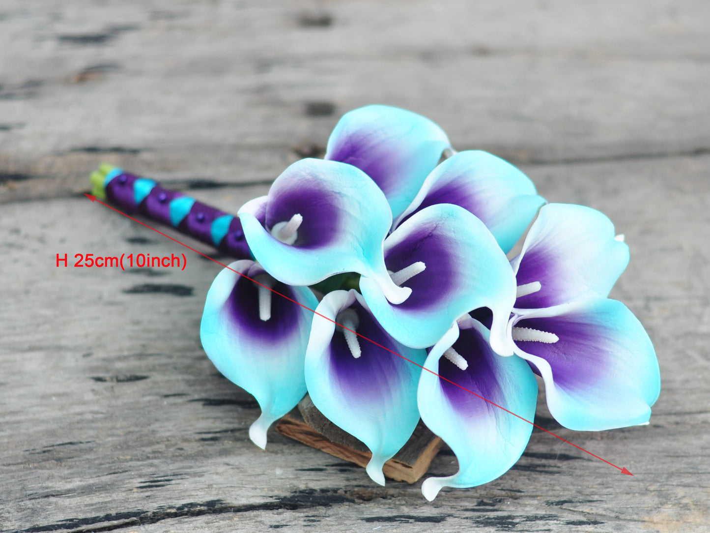 Real touch purple turquoise blue calla lily bouquet set ,bridal bouquet,bridesmaids bouquet ,corsage and boutonniere